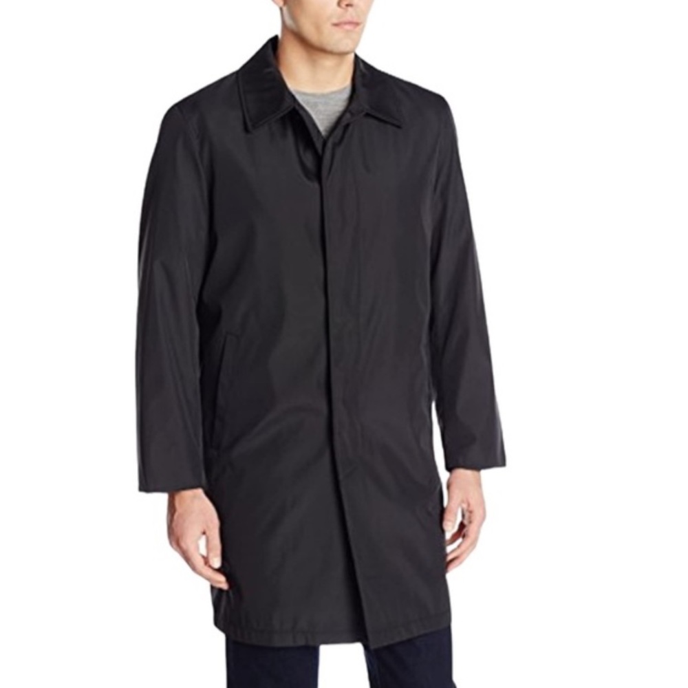 Perry Ellis Portfolio Trench Coat Black Softshell Buttons Closure Size 38